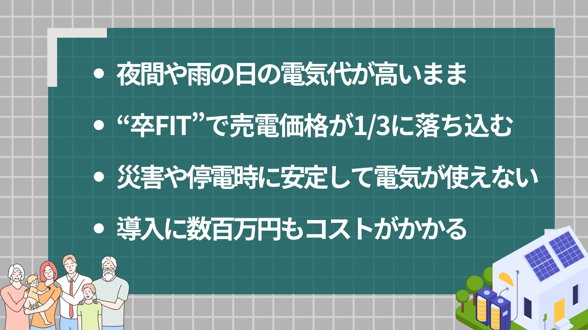 なぜ今0円ソーラーで「蓄電池」も選ばれるのか?
夜間や雨の日の電気代は高いまま 「卒FIT」で今の1/3にまで売電価格が落ち込んでしまう 災害や停電時は日中しか電気が使えない 導入に数百万円もコストが掛かる
